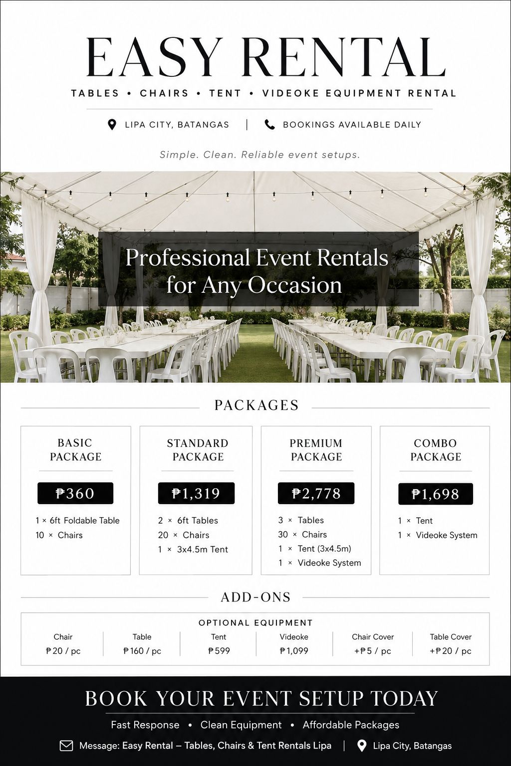 Easy Rental event packages rate card Lipa Batangas