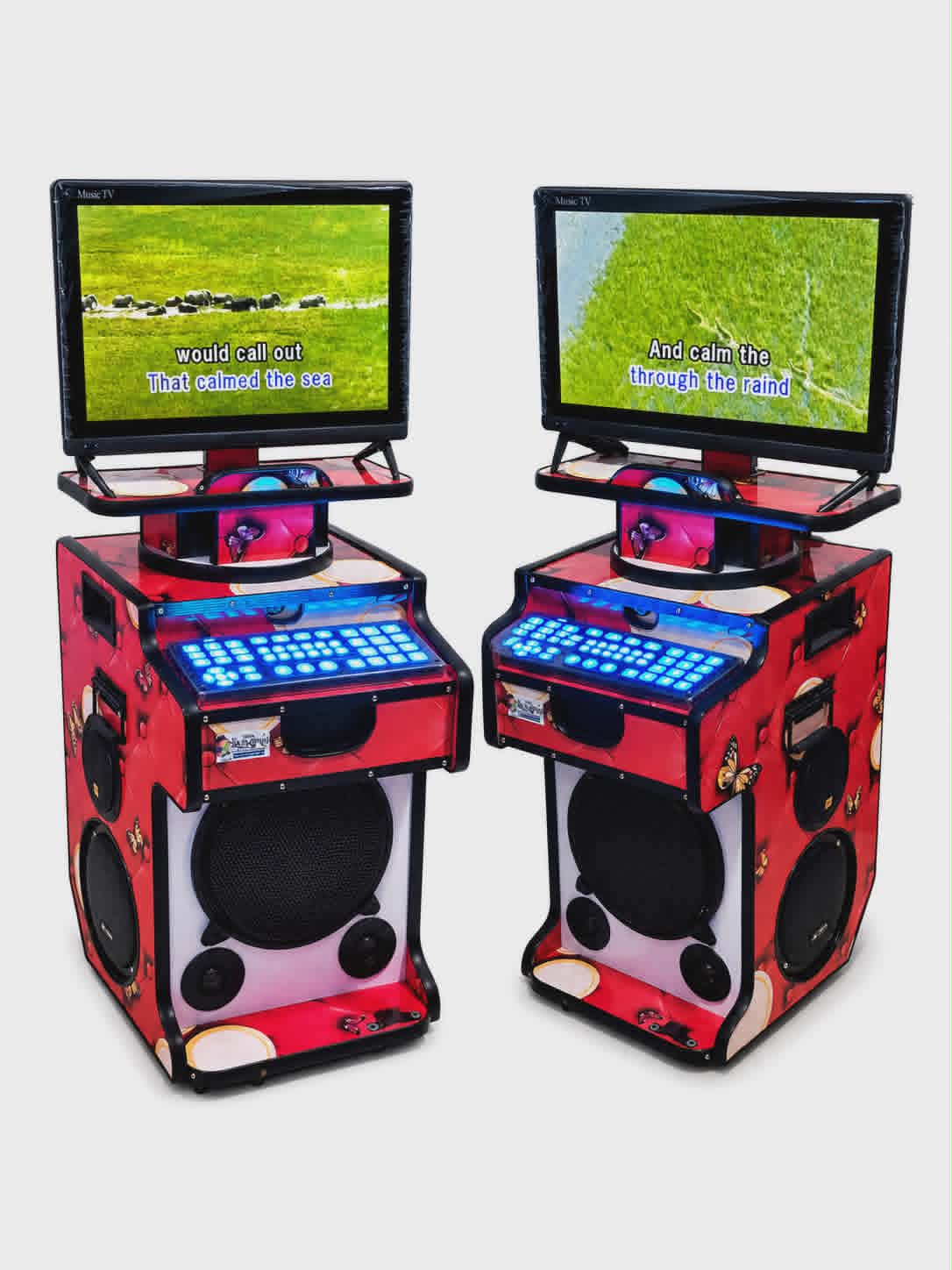 Two Easy Rental portable videoke units side by side — red butterfly design with blue-lit controls