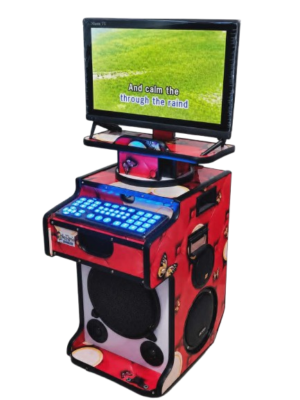 Portable videoke karaoke machine rental Lipa Batangas — built-in screen, blue-lit song keypad, and speakers