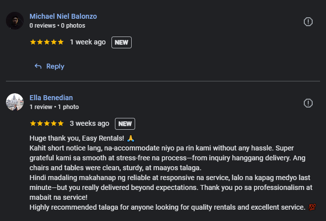 Google review screenshots — 5-star Easy Rental reviews for short-notice booking, clean chairs and tables, and smooth delivery