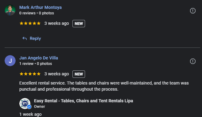 Google review screenshots — 5-star Easy Rental reviews highlighting punctual delivery and well-maintained tables and chairs